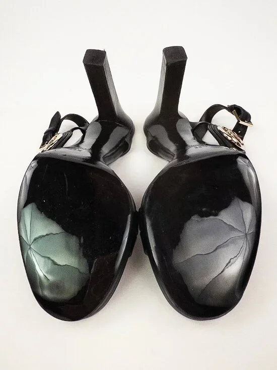 Gucci Double G Black Leather Ankle Strap Sandals Gold Logo Sz 39.5 - Picture 6 of 12